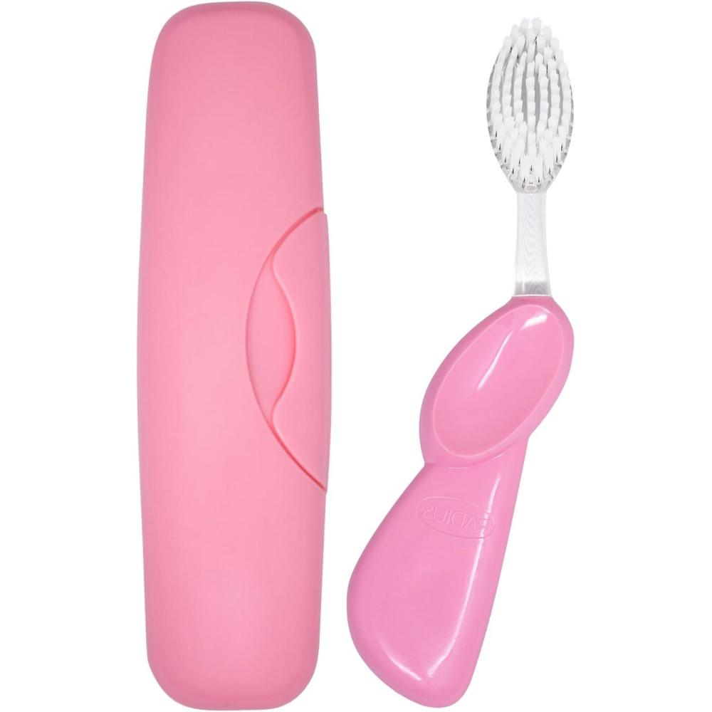 image:imageRADIUS Toothbrush Big Brush with Replaceable Brush Head BPA Free ADA Accepted Left Hand Purple Brush with Purple CasePastel Pink