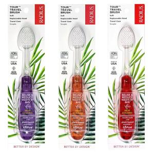 RADIUS Tour Travel Brush & Case with Replaceable Brush Head ADA Accepted Toothbrush Improve Gum Health – Blue Smoke Green – Pack of 3(Purple/Orange/Red)