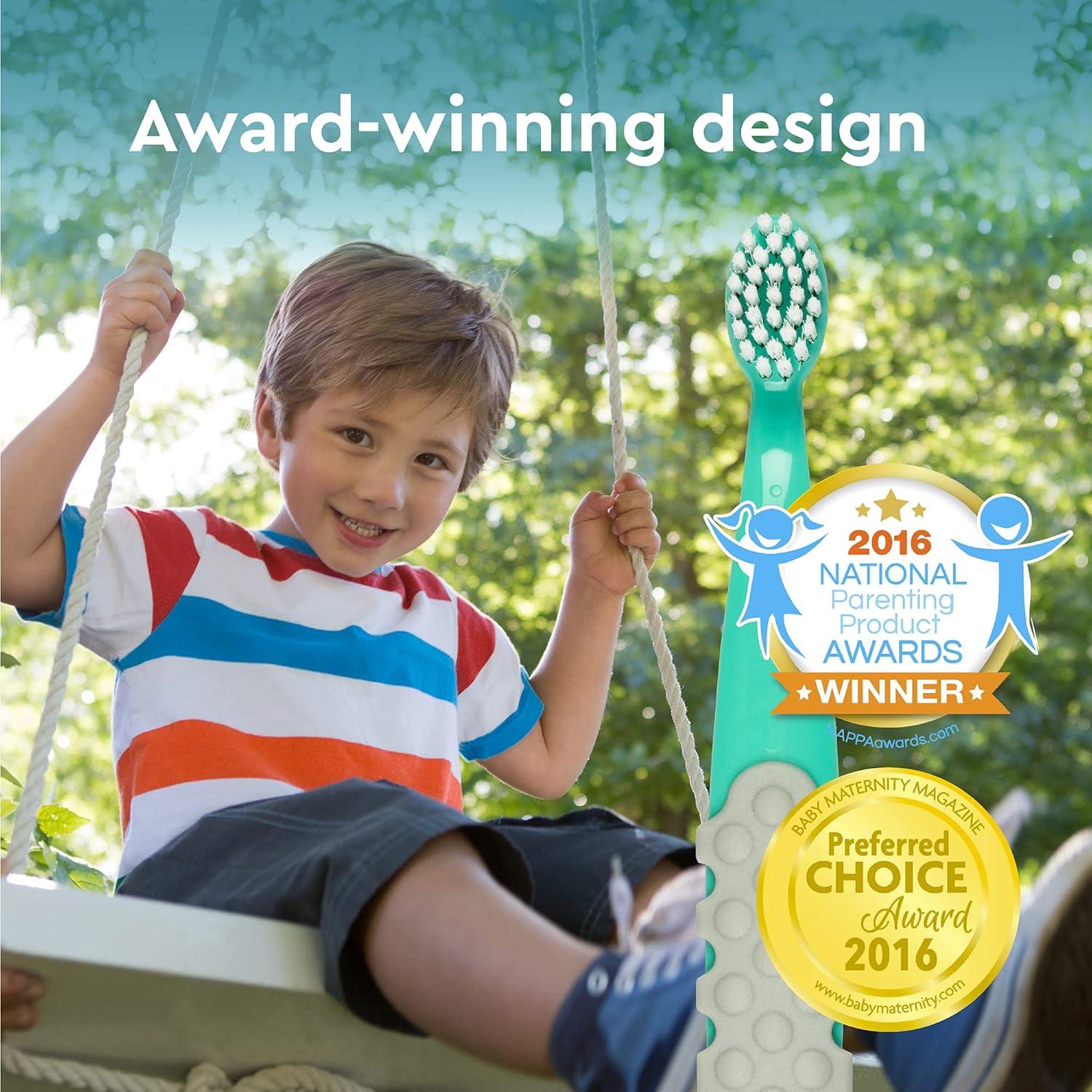 image:imageRADIUS Childrens Toothbrush Totz Plus Brush Extra Soft Bristles White amp CoralMint amp GreyGrey amp Purple BPA Free ADA Accepted for Delicate Teeth amp Gums for Children 3 Years amp Up Pack of 3MintCool Grey