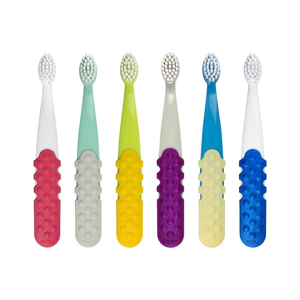 image:imageRADIUS Childrens Toothbrush Totz Plus Brush Extra Soft Bristles White amp CoralMint amp GreyGrey amp Purple BPA Free ADA Accepted for Delicate Teeth amp Gums for Children 3 Years amp Up Pack of 3GreenYellow
