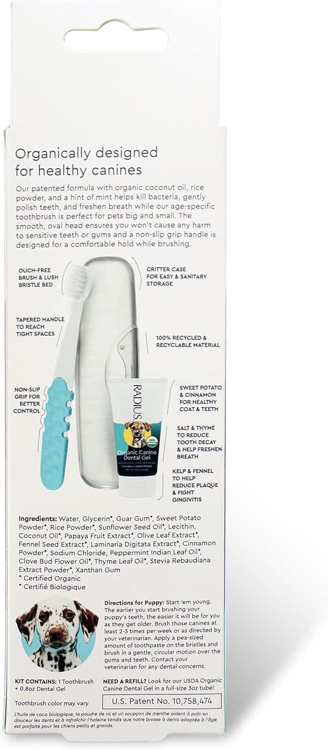 image:imageRADIUS USDA Organic Dental Solutions Puppy Kit 2 Units Kit Includes 1 Dog Toothbrush amp 1 08oz Toothpaste Ultra Soft Bristle amp Non Toxic Toothpaste for Dogs Designed to Clean Teeth Xylitol FreePuppy Pack of 2