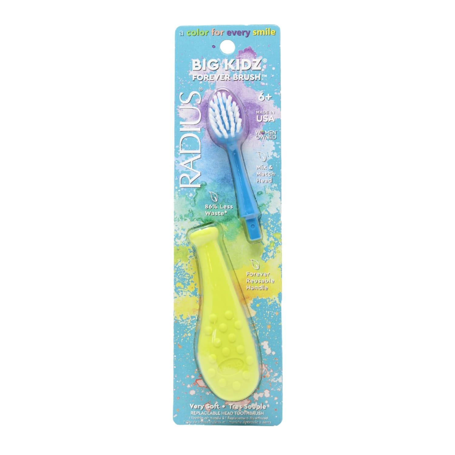 image:imageRadius Big Kidz Forever Brush with Replaceable Head Toothbrush for Children 6 Years and Up BPA Free ADA Accepted for Growing Teeth and Gums Right and Left Handed Extra SoftCoral Chartreuse Blue