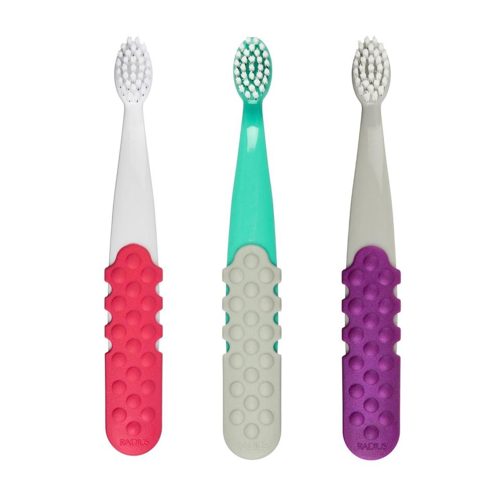 image:imageRADIUS Childrens Toothbrush Totz Plus Brush Extra Soft Bristles White amp CoralMint amp GreyGrey amp Purple BPA Free ADA Accepted for Delicate Teeth amp Gums for Children 3 Years amp Up Pack of 3Greypurple Whitecoral Mintgrey