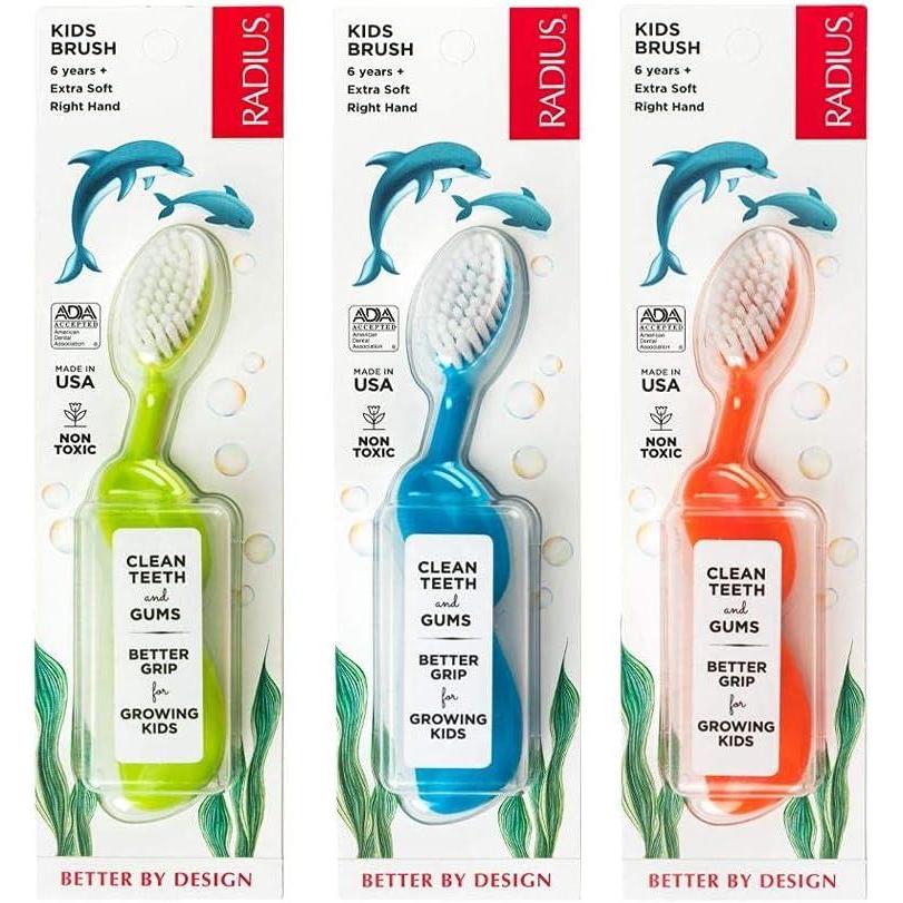 image:imageRADIUS Kidz Toothbrush Childrens Right Hand BPA Free ADA Accepted Designed to Clean Teeth amp Gums for Children 6 Years amp Up Pink Purple Green Pack of 3Green Blue Orange