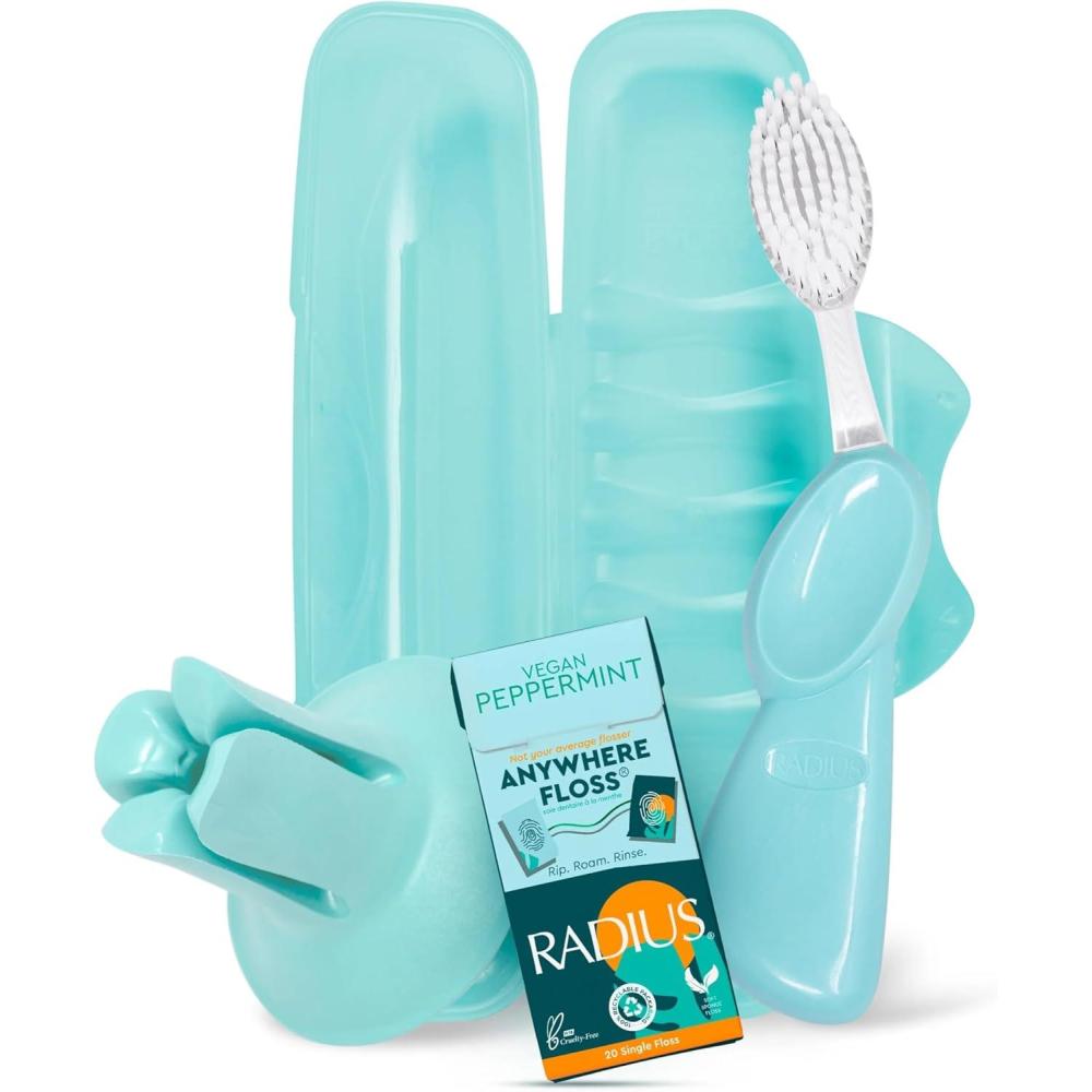 image:imageRADIUS Vacation Pastel Bundle Includes Left Handed Big Brush with Replaceable Head Toothbrush Travel Case DOC Toothbrush Holder Anywhere Travel Floss Packette Pink 4 Piece BundleMint Green