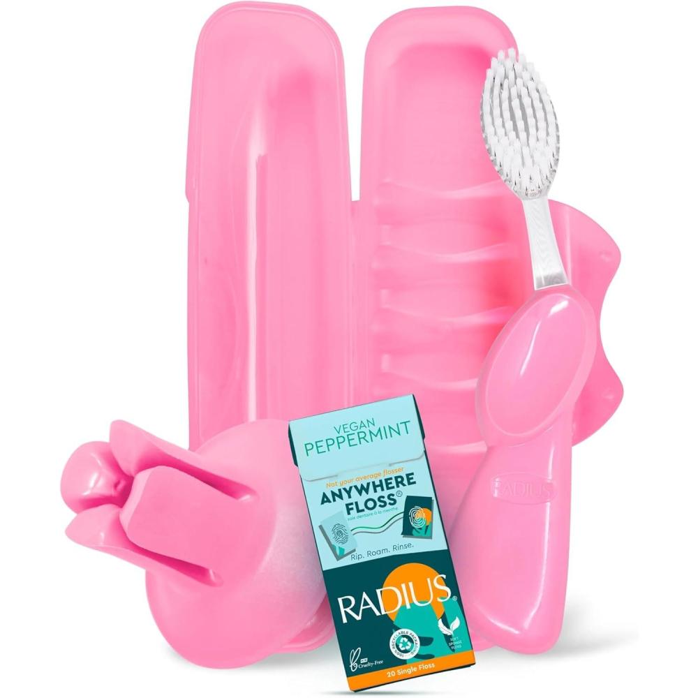 image:imageRADIUS Vacation Pastel Bundle Includes Left Handed Big Brush with Replaceable Head Toothbrush Travel Case DOC Toothbrush Holder Anywhere Travel Floss Packette Pink 4 Piece BundlePastel Pink