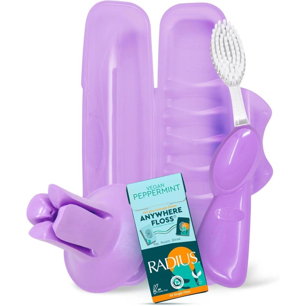 image:imageRADIUS Vacation Pastel Bundle Includes Left Handed Big Brush with Replaceable Head Toothbrush Travel Case DOC Toothbrush Holder Anywhere Travel Floss Packette Pink 4 Piece BundleLavender Purple