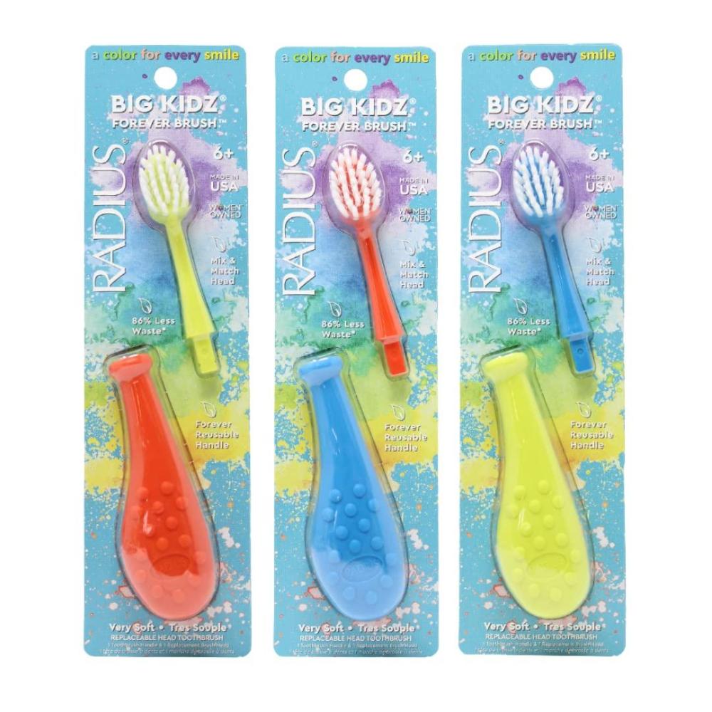 image:imageRadius Big Kidz Forever Brush with Replaceable Head Toothbrush for Children 6 Years and Up BPA Free ADA Accepted for Growing Teeth and Gums  Right and Left Handed Extra SoftCoral  Chartreuse  Blue