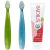RADIUS Toddler Toothbrush and Toothpaste Bundle for Kids, 2 Pack Totz Extra Soft Brush in Blue and Green Sparkle and 1 Count Dragon Fruit Toothpaste, for Children 18 Months and Up