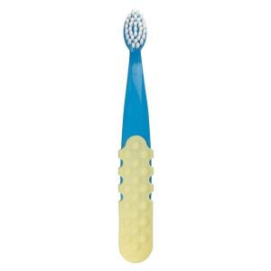 RADIUS Children’s Toothbrush, Totz Plus Brush, Extra Soft Bristles, White & Coral/Mint & Grey/Grey & Purple, BPA Free ADA Accepted, for Delicate Teeth & Gums for Children 3 Years & Up, Pack of 3(Blue/Yellow)