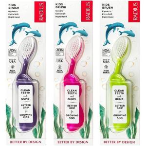 RADIUS Kidz Toothbrush Children’s Right Hand BPA Free ADA Accepted Designed to Clean Teeth & Gums for Children 6 Years & Up – Pink Purple Green – Pack of 3(Pink/ Purple/ Green)