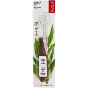RADIUS Toothbrush Source Floss Brush BPA Free & ADA Accepted Improve Gum Health & Reduce Gum Issues – Soft – Cornstarch/Hemp/Money – Pack of 3(Brown  Clear)