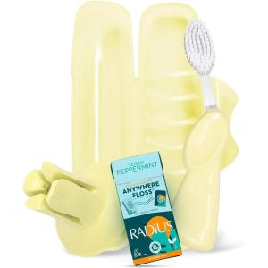RADIUS Vacation Pastel Bundle, Includes Left Handed Big Brush with Replaceable Head, Toothbrush Travel Case, DOC Toothbrush Holder, Anywhere Travel Floss Packette, Pink, 4 Piece Bundle(Lemon Meringue Yellow)