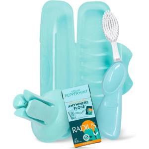 RADIUS Vacation Pastel Bundle, Includes Left Handed Big Brush with Replaceable Head, Toothbrush Travel Case, DOC Toothbrush Holder, Anywhere Travel Floss Packette, Pink, 4 Piece Bundle(Mint Green)