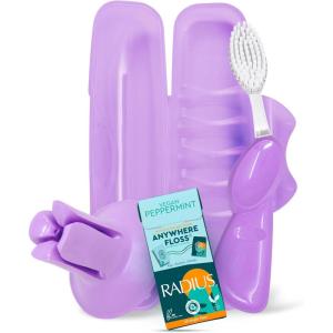RADIUS Vacation Pastel Bundle, Includes Left Handed Big Brush with Replaceable Head, Toothbrush Travel Case, DOC Toothbrush Holder, Anywhere Travel Floss Packette, Pink, 4 Piece Bundle(Lavender Purple)